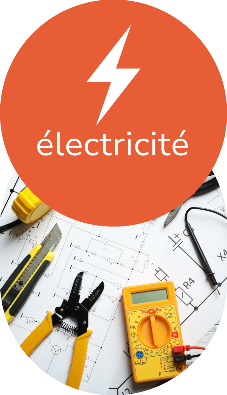Outils électriques sur un plan, avec un symbole d'électricité et le mot "électricité".