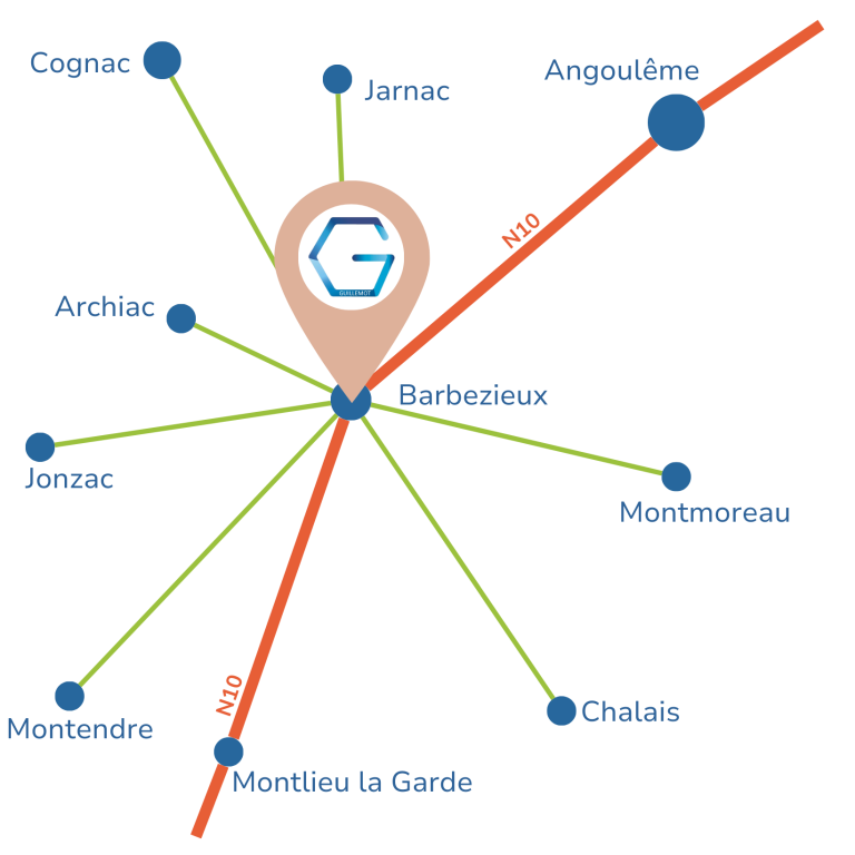 Carte indiquant les routes et villes autour de Barbezieux.